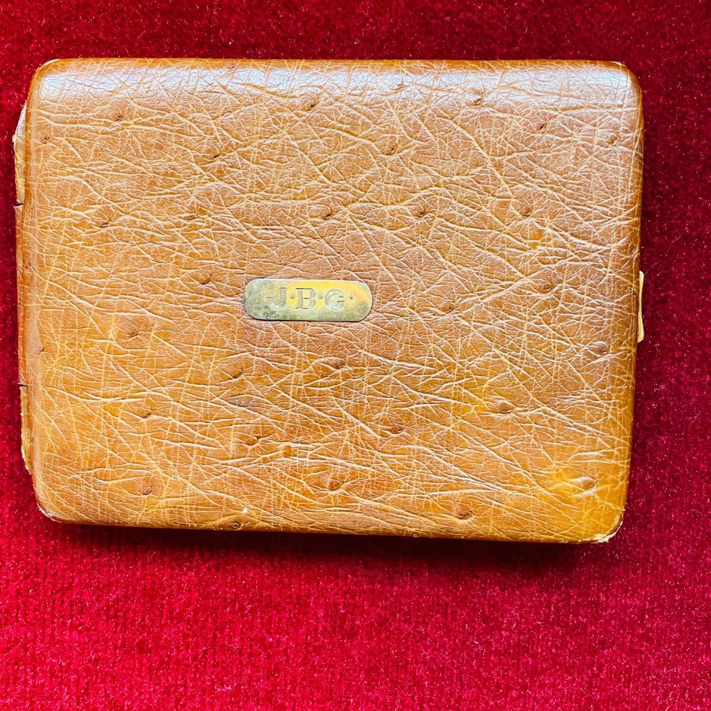 Vintage Genuine Ostrich Bifold Card Case Wallet 14K Gold Engraved - Picture 2 of 12